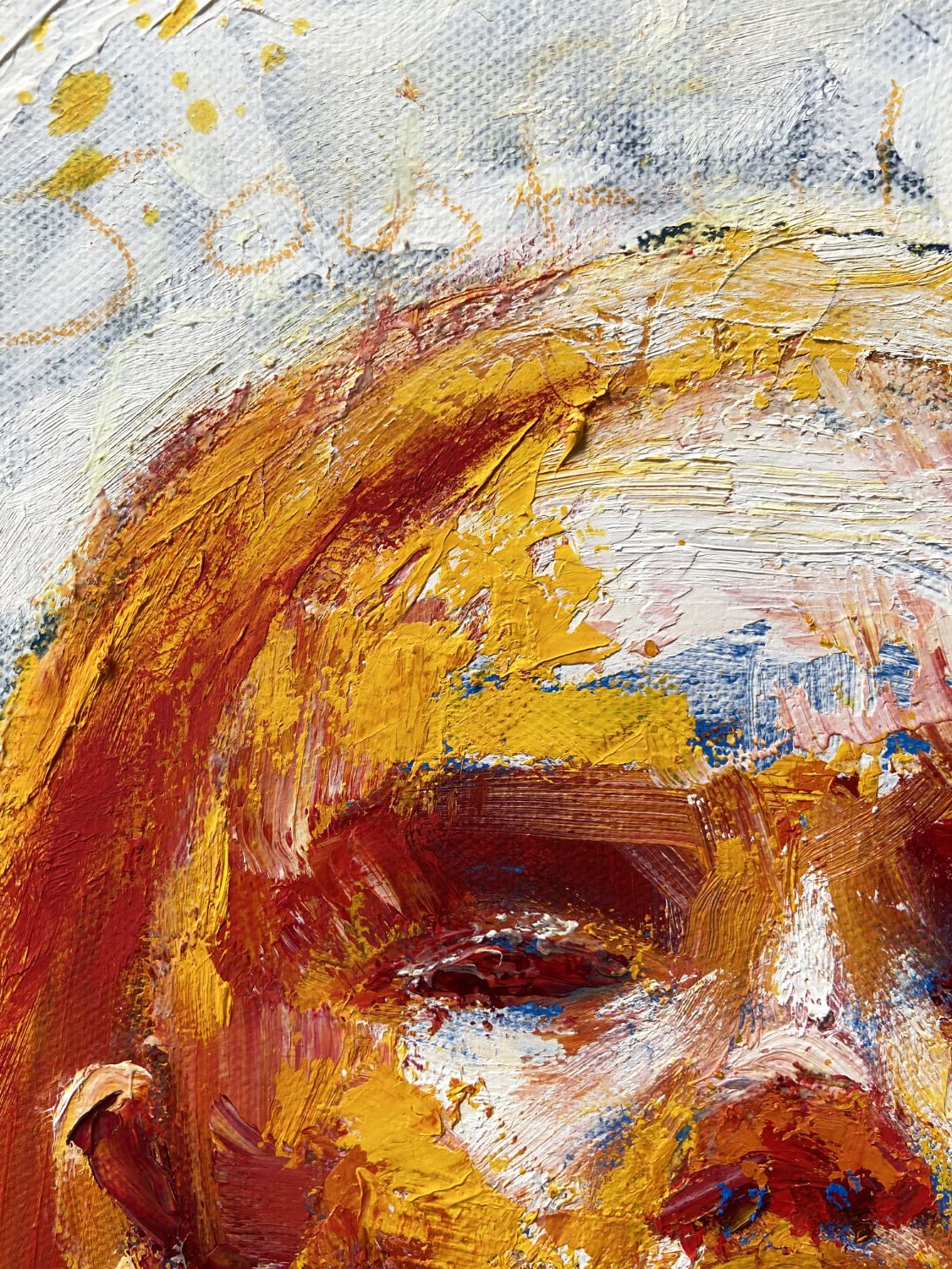 detail of original oil painting and mixed media by cassidy austin studios. orange pop-art textured nude woman in power stance. Titled: I Am