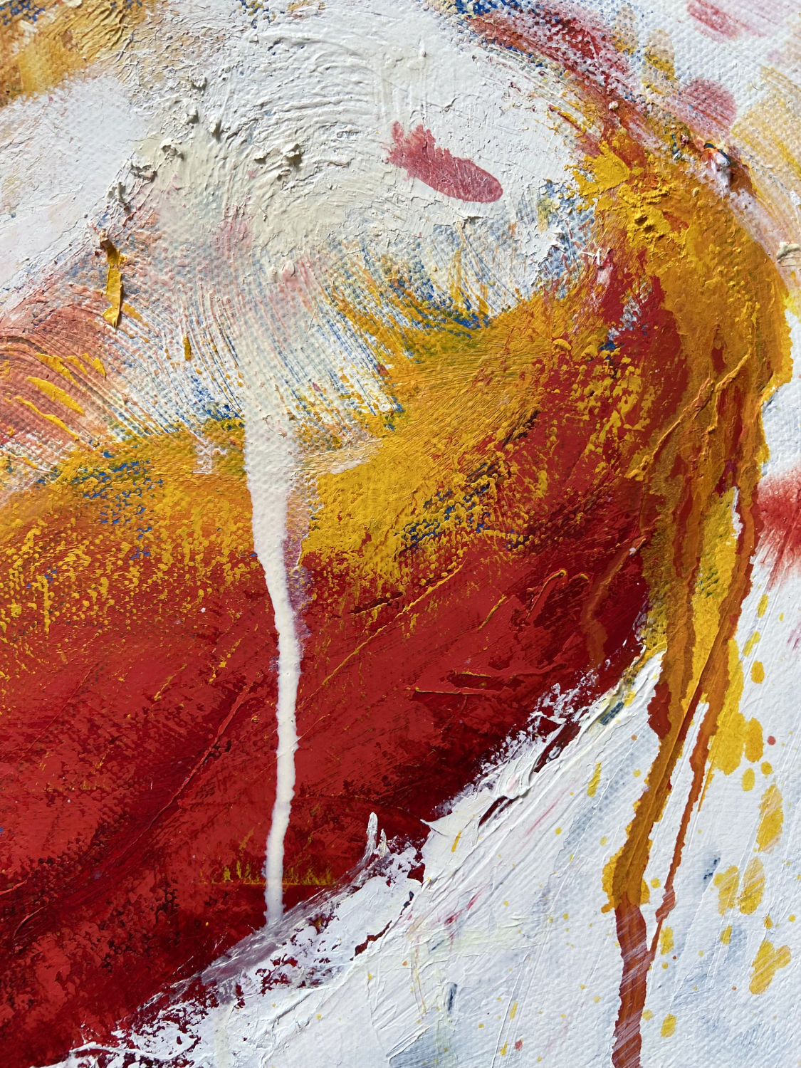 detail of original oil painting and mixed media by cassidy austin studios. orange pop-art textured nude woman in power stance. Titled: I Am