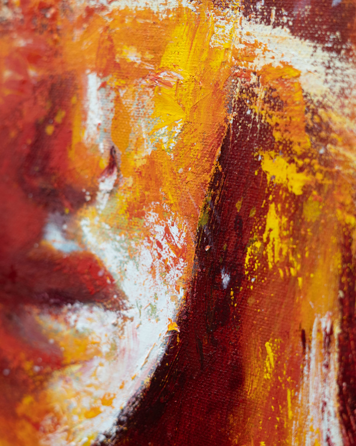 detail of original oil painting and mixed media by cassidy austin studios. orange pop-art textured nude woman in power stance. Titled: I Am Ascendant