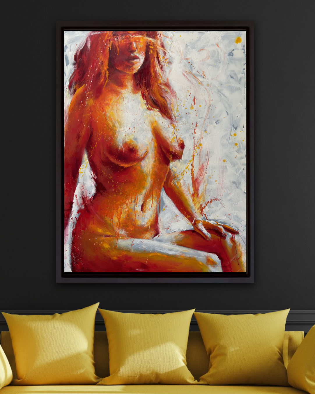 detail of original oil painting and mixed media by cassidy austin studios. orange pop-art textured nude woman in power stance. Titled: I Am Ascendant