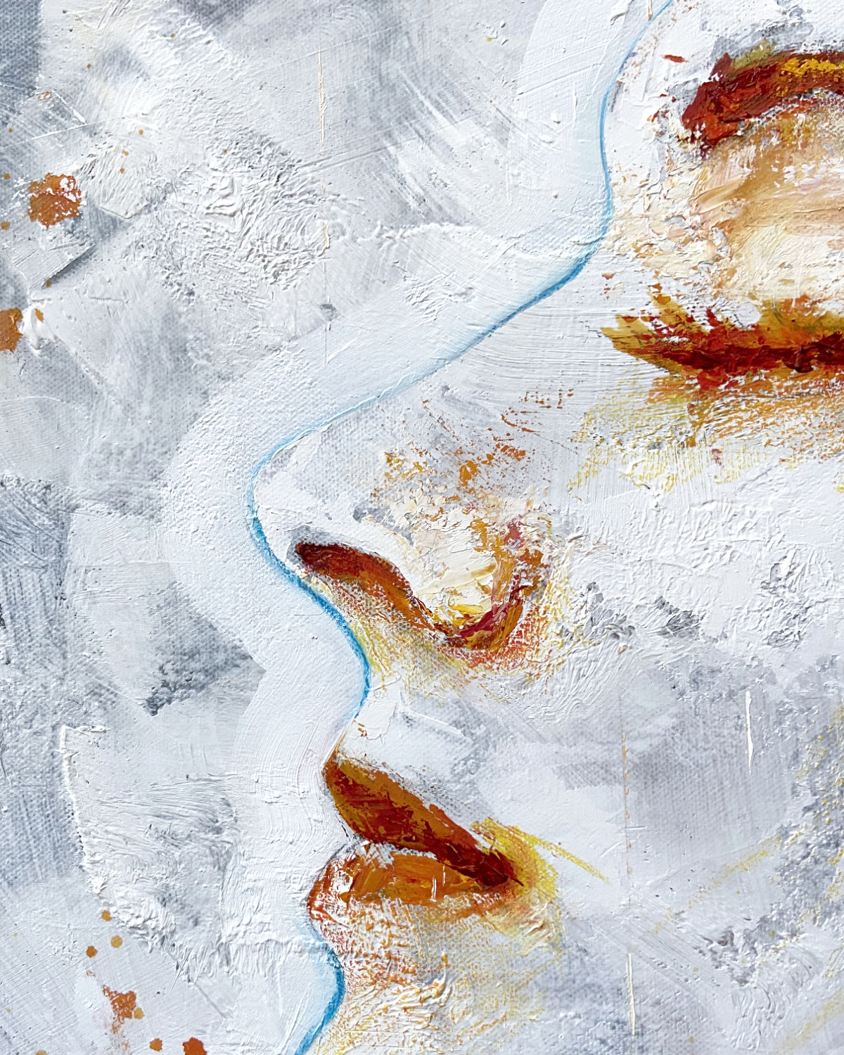 detail of original oil painting and mixed media by cassidy austin studios. orange pop-art textured womans portrait profile in power stance. Titled: I Am Limitless
