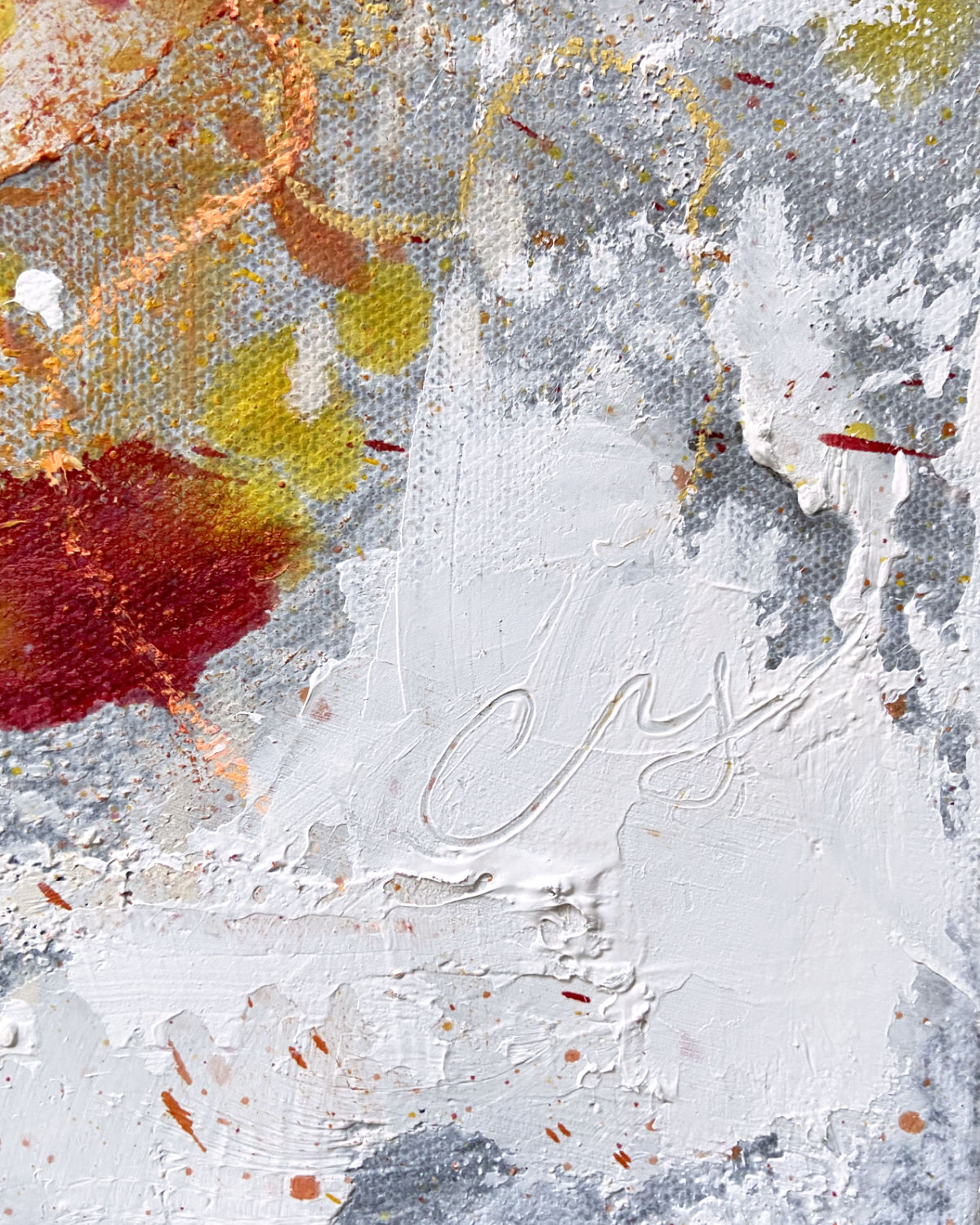 detail of original oil painting and mixed media by cassidy austin studios. orange pop-art textured womans portrait profile in power stance. Titled: I Am Limitless