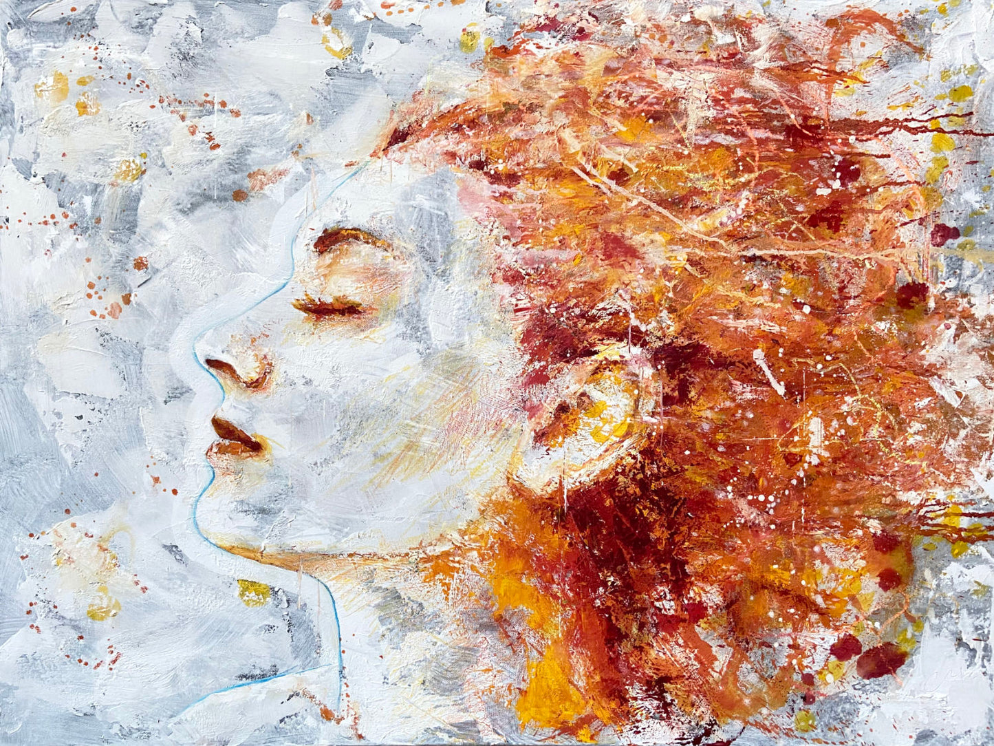 original oil painting and mixed media by cassidy austin studios. orange pop-art textured womans portrait profile in power stance. Titled: I Am Limitless