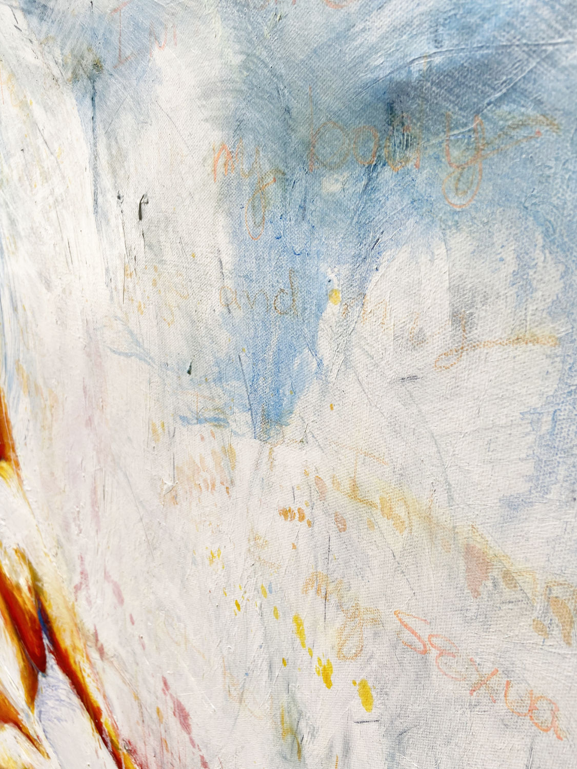 detail of original oil painting and mixed media by cassidy austin studios. orange pop-art textured nude woman in power stance. Titled: I Am