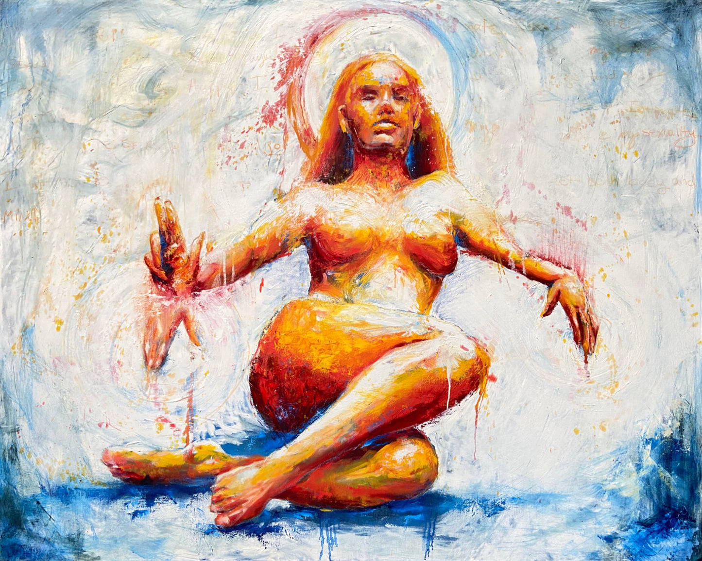 original oil painting and mixed media by cassidy austin studios. orange pop-art textured nude woman in power stance. Titled: I Am