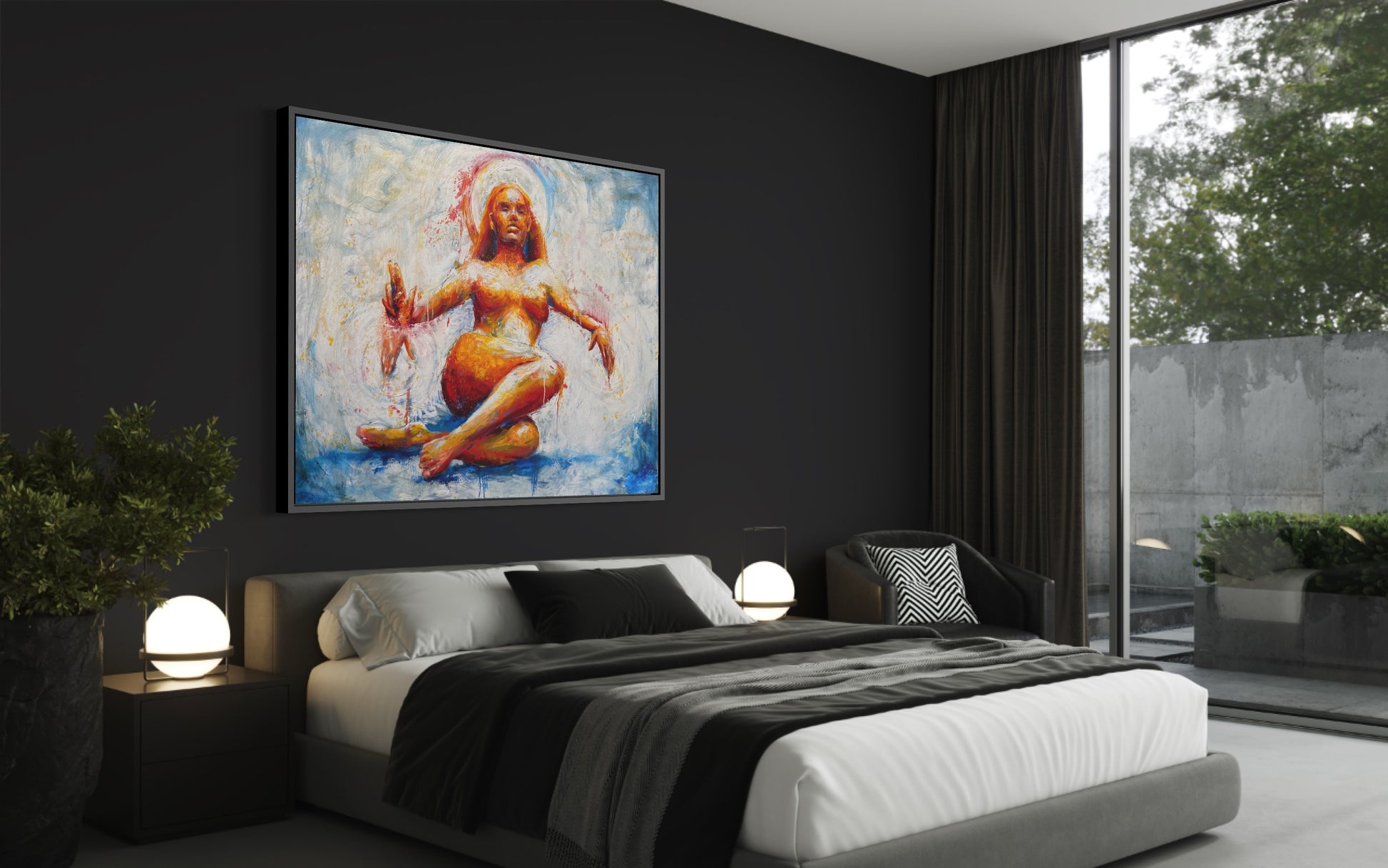 detail insitu of original oil painting and mixed media by cassidy austin studios. orange pop-art textured nude woman in power stance. Titled: I Am