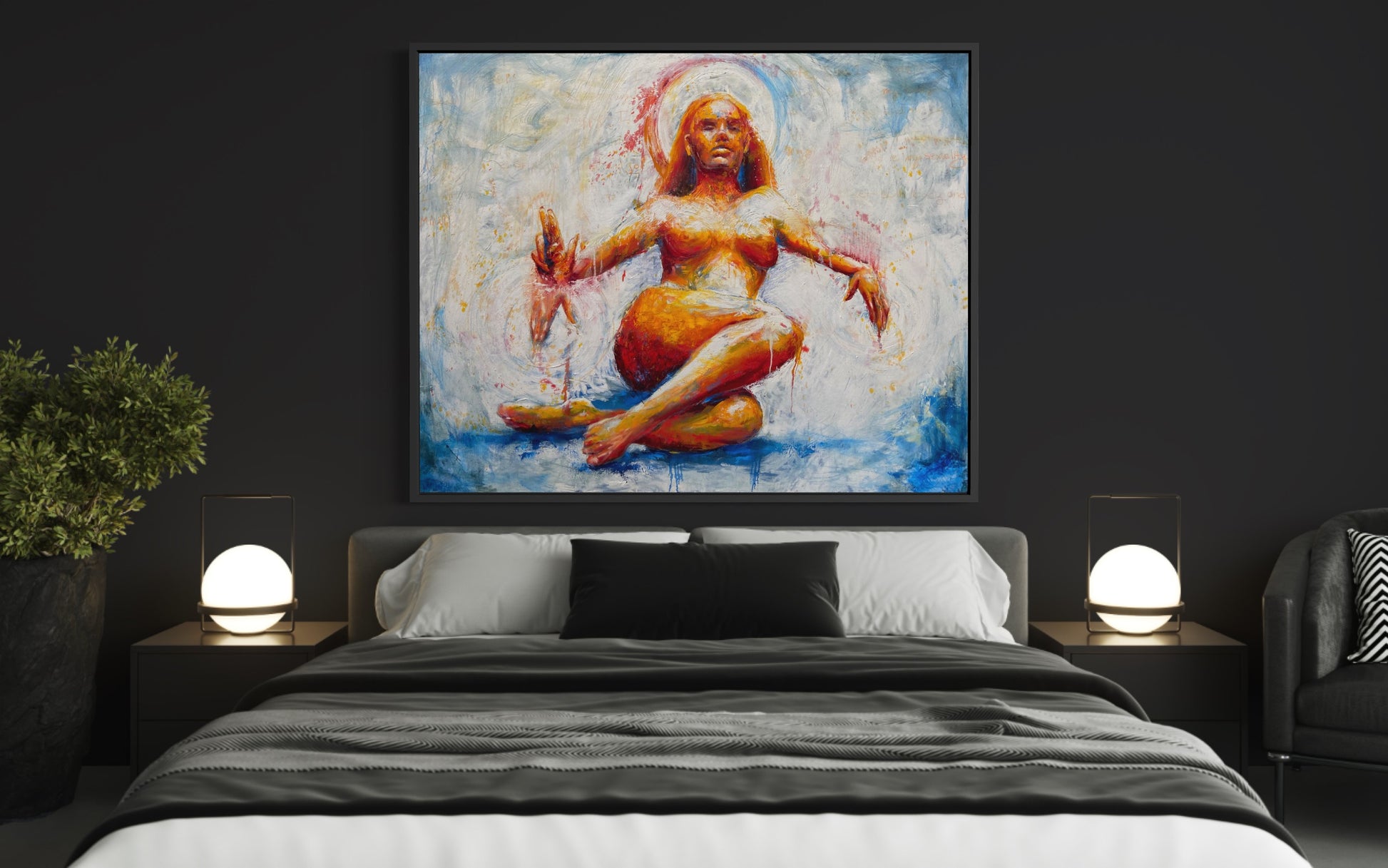detail insitu of original oil painting and mixed media by cassidy austin studios. orange pop-art textured nude woman in power stance. Titled: I Am