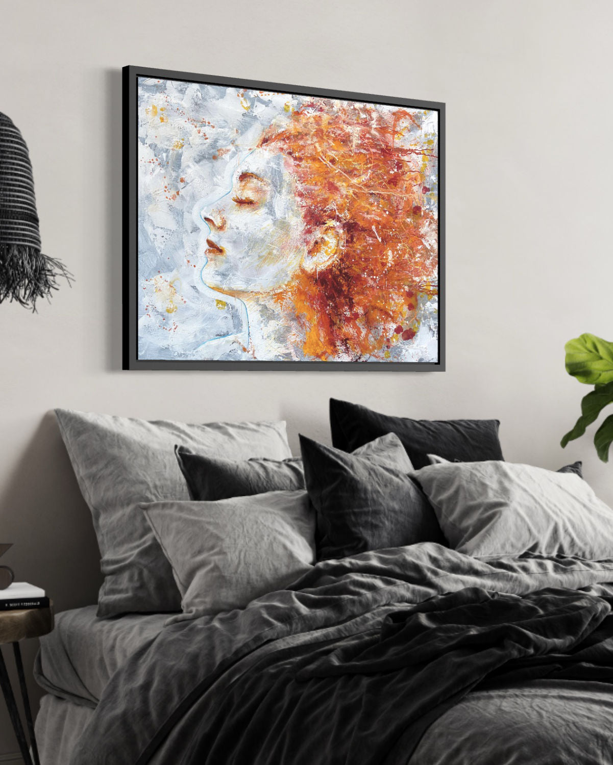 detail insitu of original oil painting and mixed media by cassidy austin studios. orange pop-art textured womans portrait profile in power stance. Titled: I Am Limitless