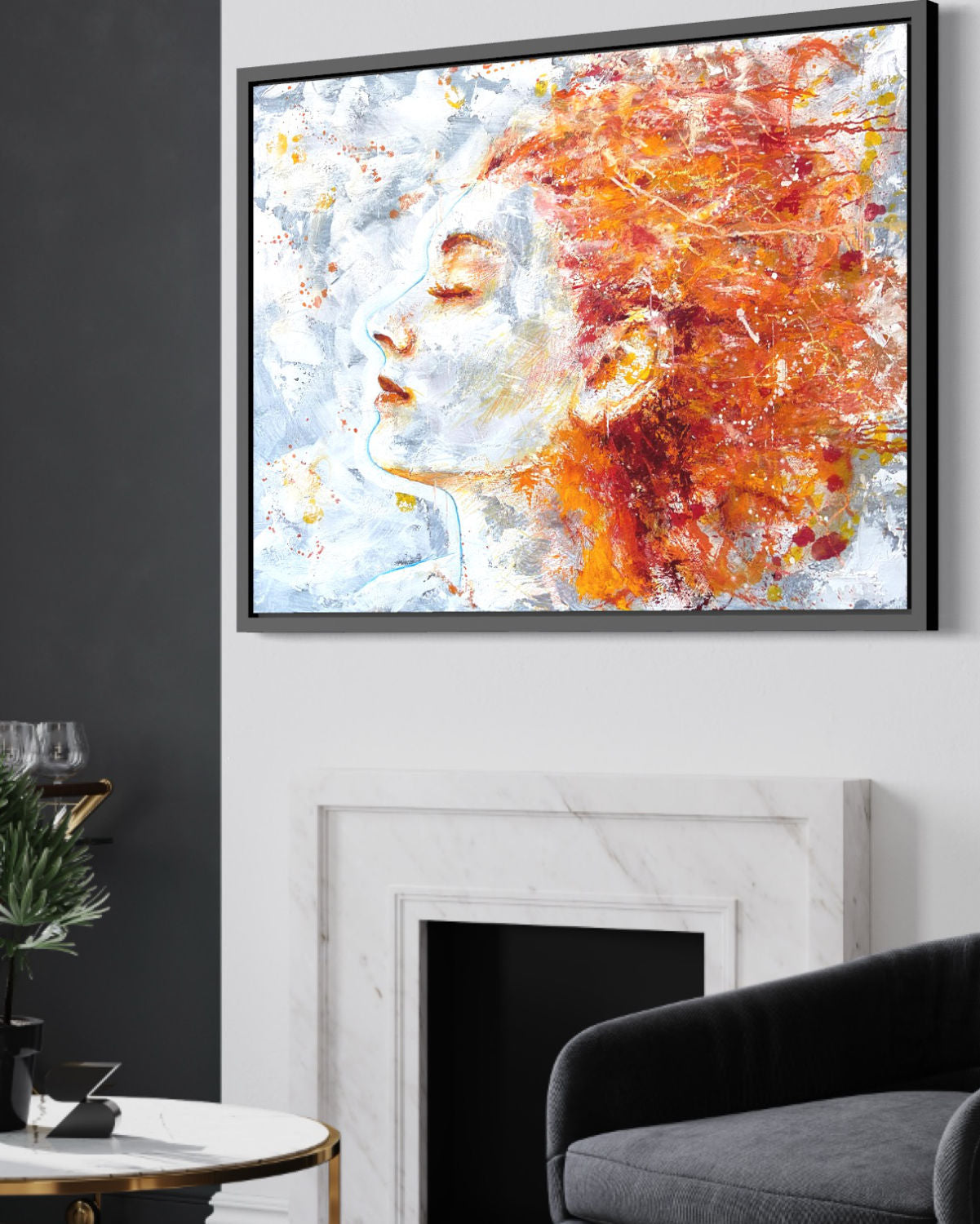 detail insitu of original oil painting and mixed media by cassidy austin studios. orange pop-art textured womans portrait profile in power stance. Titled: I Am Limitless