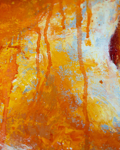 detail of original oil painting and mixed media by cassidy austin studios. orange pop-art textured nude woman in power stance. Titled: I Am Ascendant