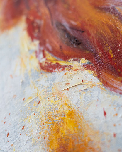 detail of original oil painting and mixed media by cassidy austin studios. orange pop-art textured nude woman in power stance. Titled: I Am Ascendant