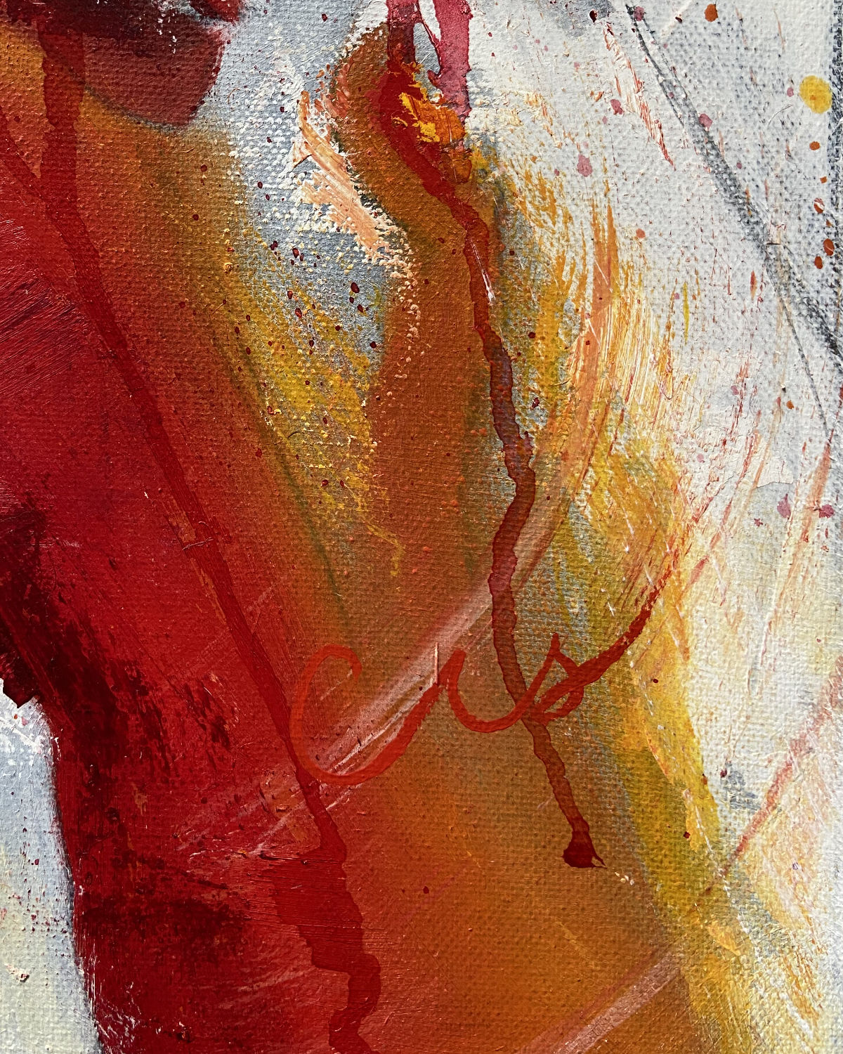 detail of original oil painting and mixed media by cassidy austin studios. orange pop-art textured nude woman in power stance. Titled: I Am Ascendant