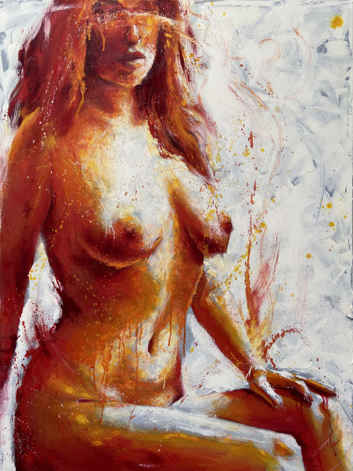 original oil painting and mixed media by cassidy austin studios. orange pop-art textured nude woman in power stance. Titled: I Am Ascendant