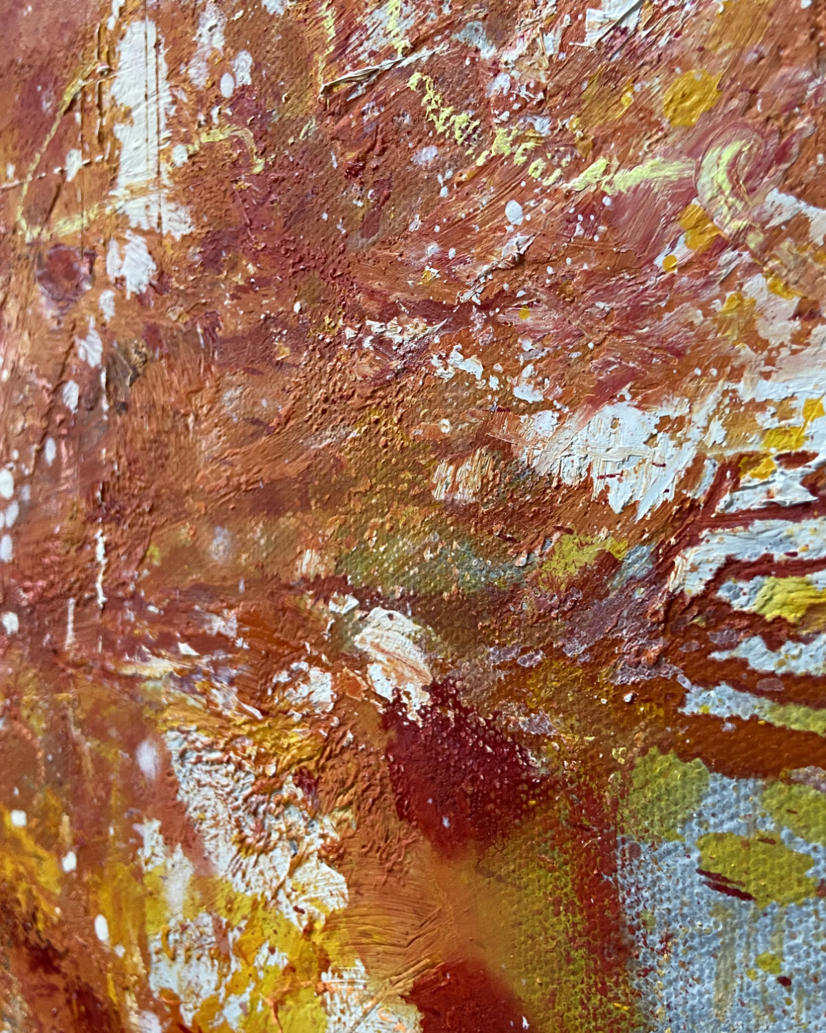 detail of original oil painting and mixed media by cassidy austin studios. orange pop-art textured womans portrait profile in power stance. Titled: I Am Limitless