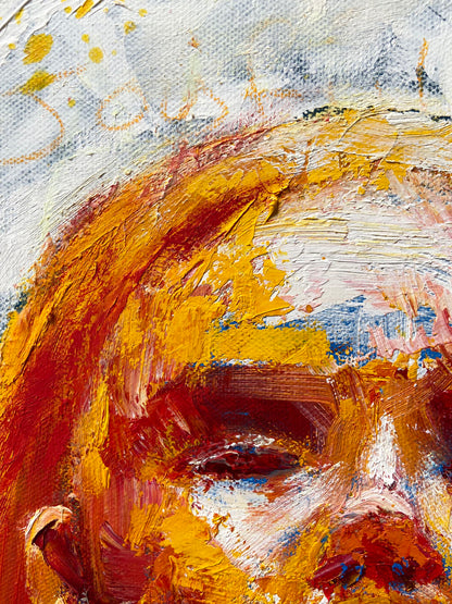 detail of original oil painting and mixed media by cassidy austin studios. orange pop-art textured nude woman in power stance. Titled: I Am