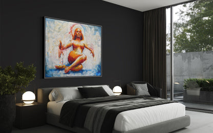 detail insitu of original oil painting and mixed media by cassidy austin studios. orange pop-art textured nude woman in power stance. Titled: I Am