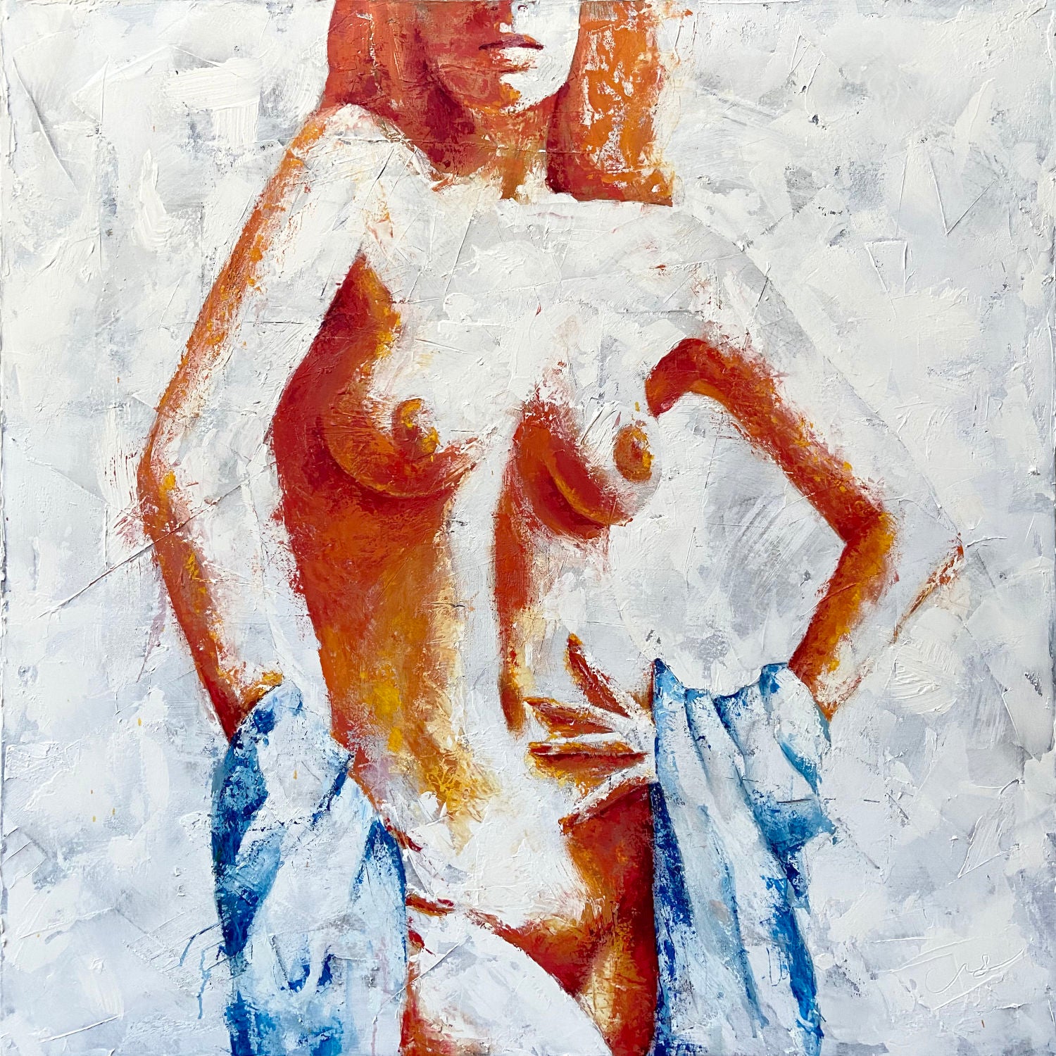 original oil painting and mixed media by cassidy austin studios. orange pop-art textured nude woman in power stance. Titled: I Am Power