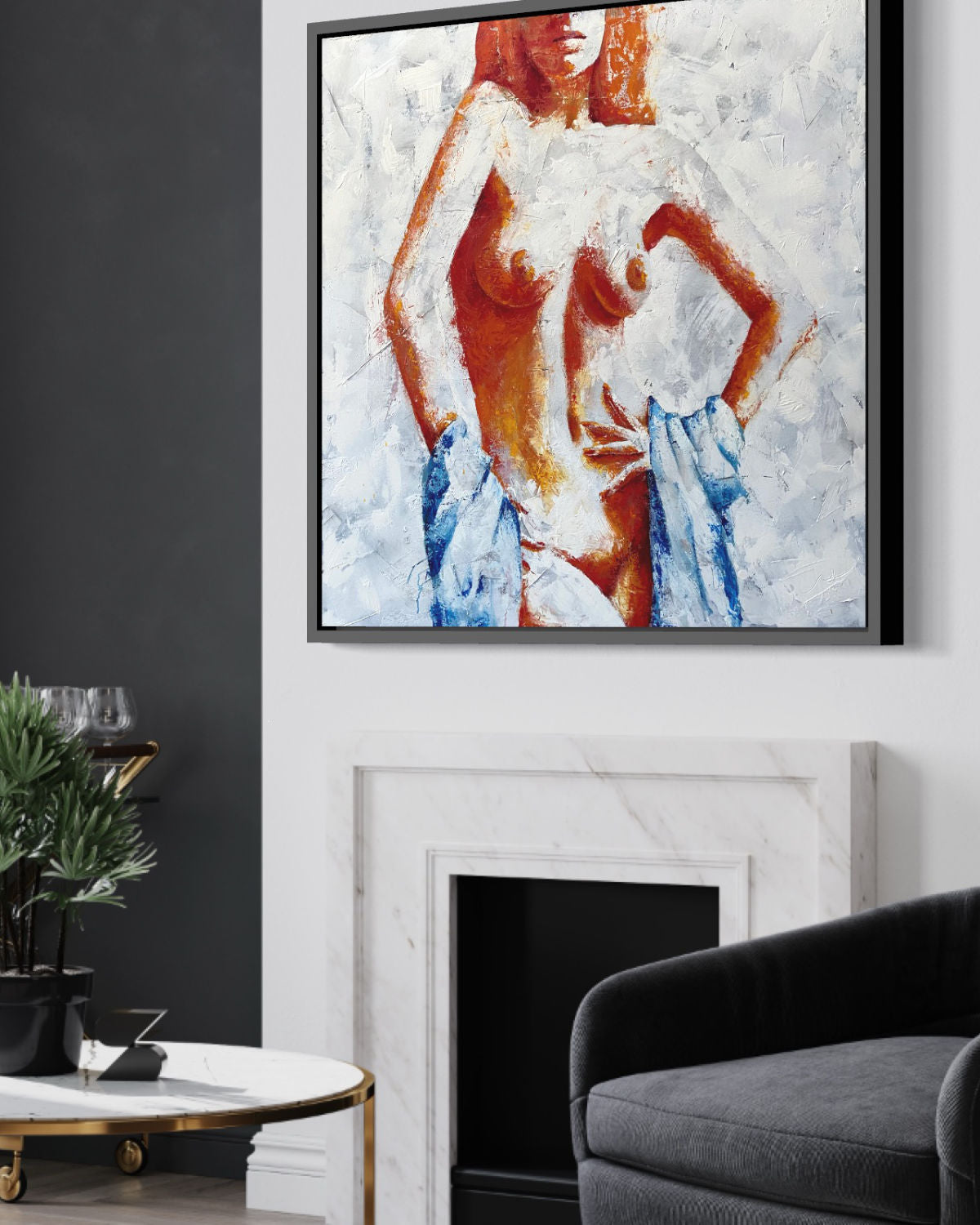 detail insitu of original oil painting and mixed media by cassidy austin studios. orange pop-art textured nude woman in power stance. Titled: I Am Power