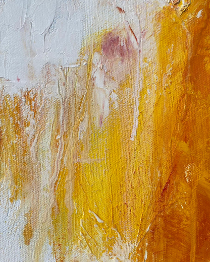 detail of original oil painting and mixed media by cassidy austin studios. orange pop-art textured contemporary womans portrait with middle finger. Titled: I Am The Revolution