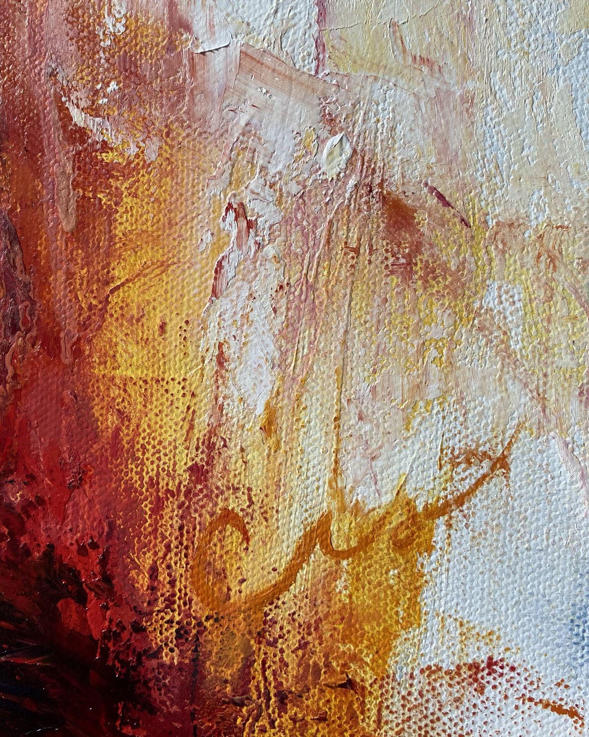 detail of original oil painting and mixed media by cassidy austin studios. orange pop-art textured contemporary womans portrait with middle finger. Titled: I Am The Revolution