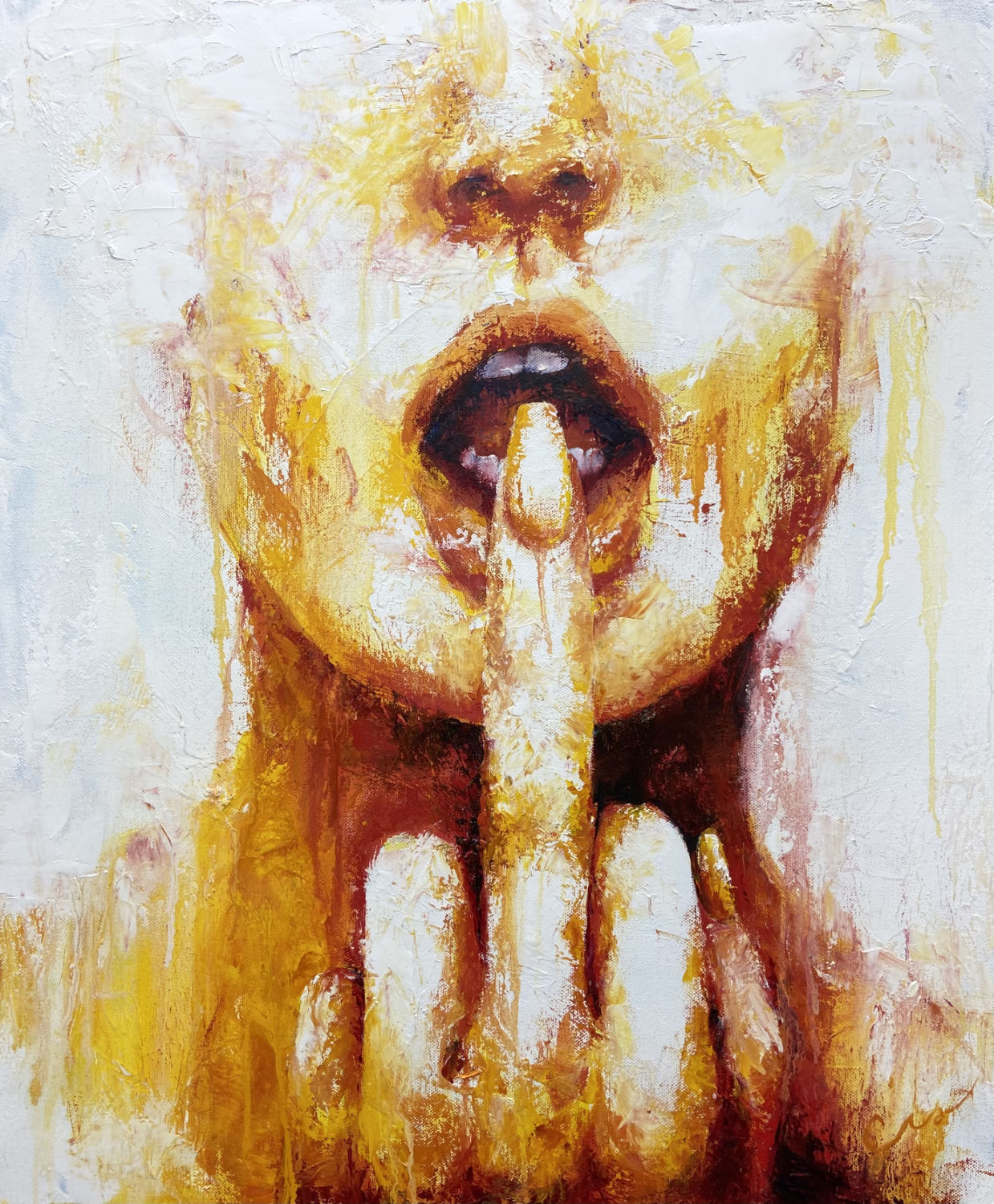 original oil painting and mixed media by cassidy austin studios. orange pop-art textured contemporary womans portrait with middle finger. Titled: I Am The Revolution