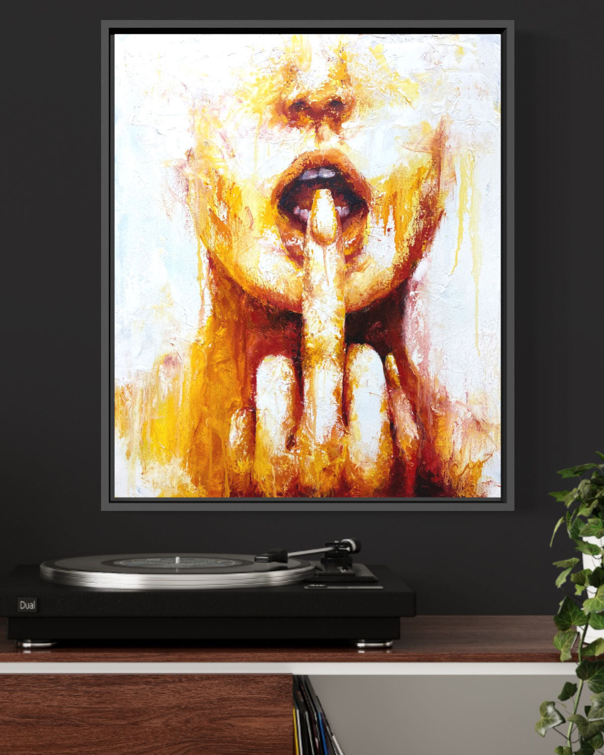 detail insitu of original oil painting and mixed media by cassidy austin studios. orange pop-art textured contemporary womans portrait with middle finger. Titled: I Am The Revolution