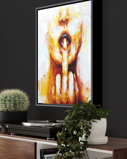 detail insitu of original oil painting and mixed media by cassidy austin studios. orange pop-art textured contemporary womans portrait with middle finger. Titled: I Am The Revolution